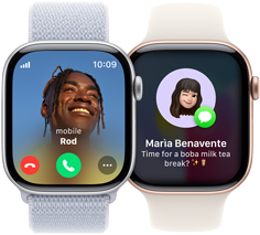 An incoming call on an Apple Watch Series 10 and an incoming text on another Apple Watch Series 10