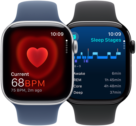 The Heart Rate app showing a current reading of 68 BPM and the sleep apnea notification screen on two separate Apple Watch Series 10 devices